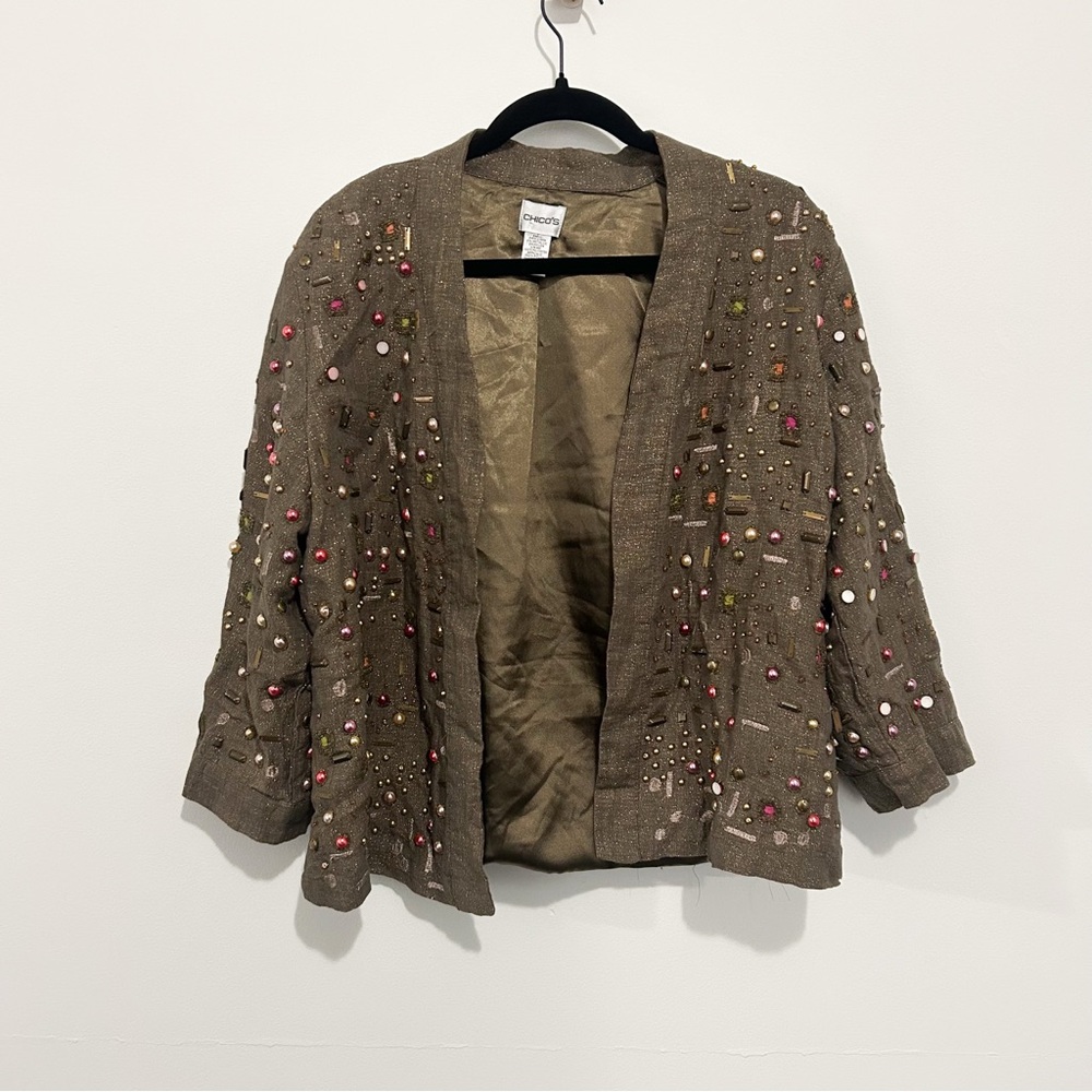 Women’s Chico's Jewel Delight Patsy Jacket Brown/Anise 3/4 Sleeves Size 2